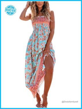 Spaghetti Strap Boho Maxi Dress Sleeveless Smocked Floral Long Dress Vacation